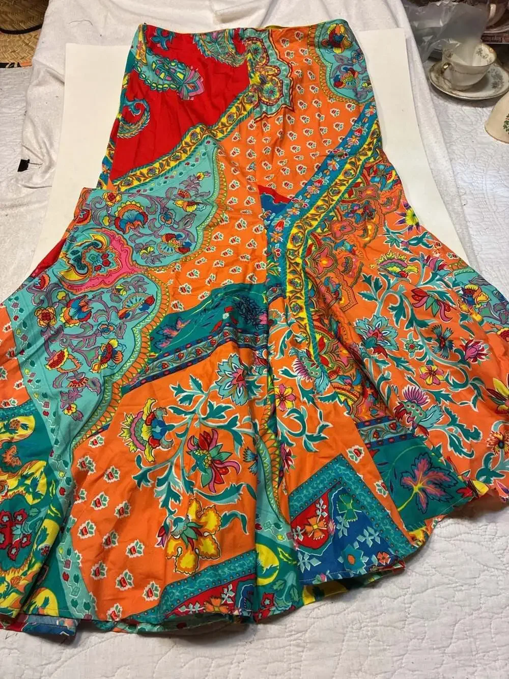 Vintage Bright Paisley Floral Patchwork Print A-Line Skirt
